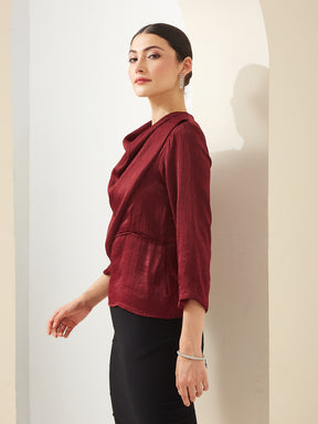 Latin Quarters Women Maroon Cowl Neck 3/4th Sleeves Solid Party Top
