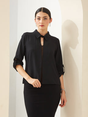Latin Quarters Women Black Collared 3/4th Sleeves Solid Casual Top