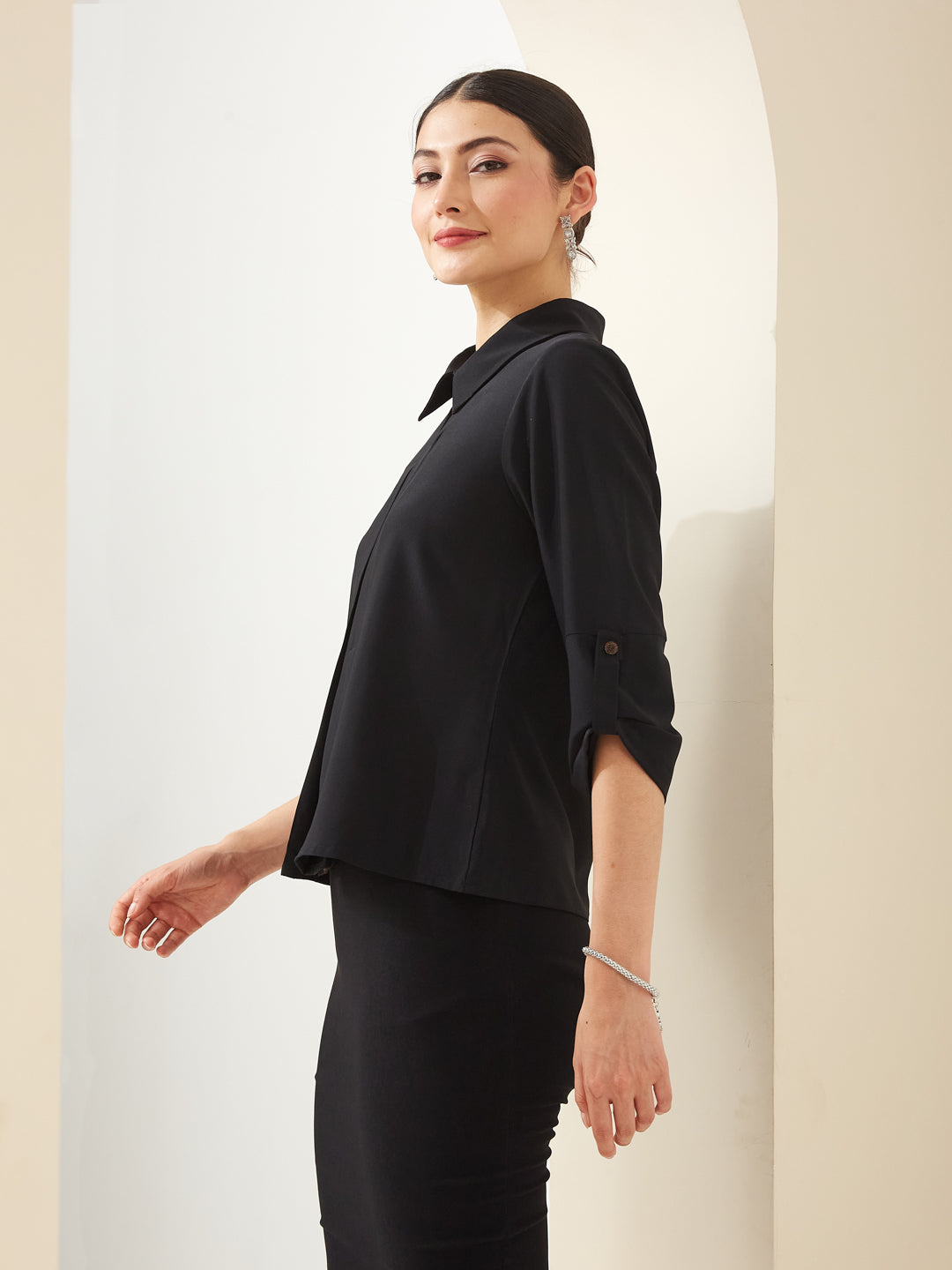 Latin Quarters Women Black Collared 3/4th Sleeves Solid Casual Top