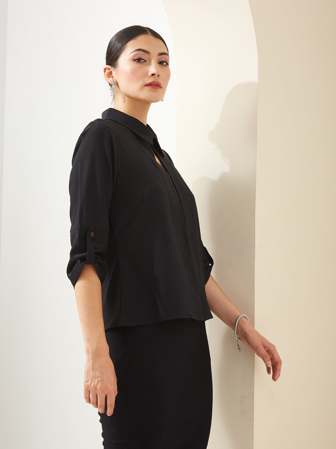 Latin Quarters Women Black Collared 3/4th Sleeves Solid Casual Top