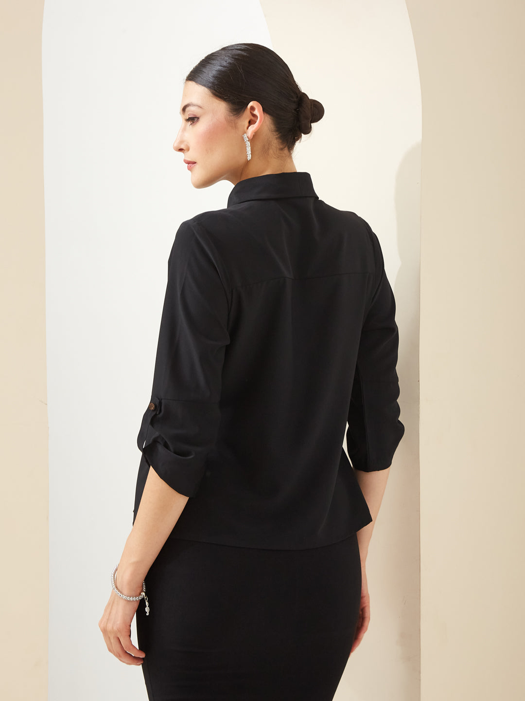 Latin Quarters Women Black Collared 3/4th Sleeves Solid Casual Top