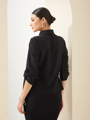 Latin Quarters Women Black Collared 3/4th Sleeves Solid Casual Top