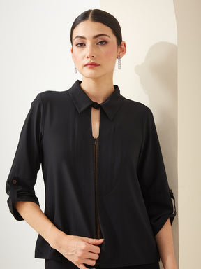 Latin Quarters Women Black Collared 3/4th Sleeves Solid Casual Top