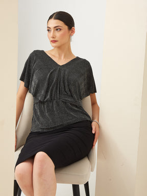 Latin Quarters Women Black V- Neck Short Sleeves Solid Party Top