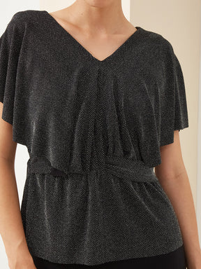 Latin Quarters Women Black V- Neck Short Sleeves Solid Party Top