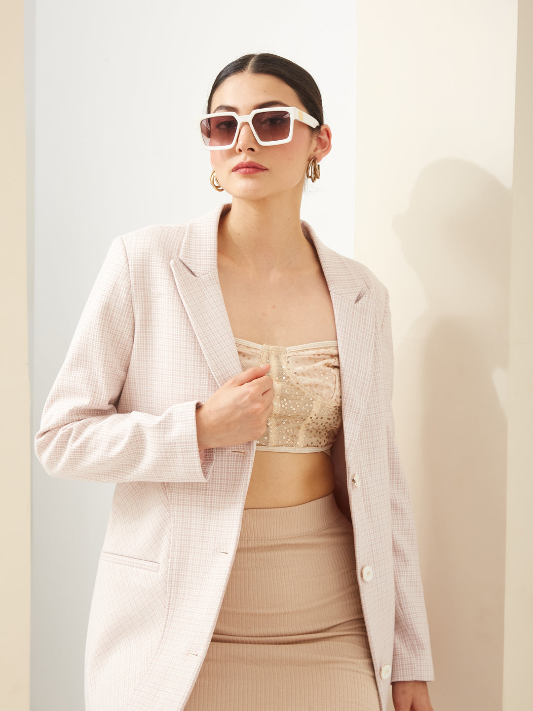 Latin Quarters Women Beige Collared Full Sleeves Checkered Casual Coat
