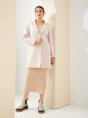 Latin Quarters Women Beige Collared Full Sleeves Checkered Casual Coat