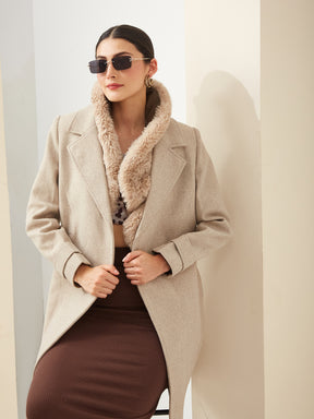 Latin Quarters Women'S Beige Collared Full Sleeves Solid Casual Overcoat Coat