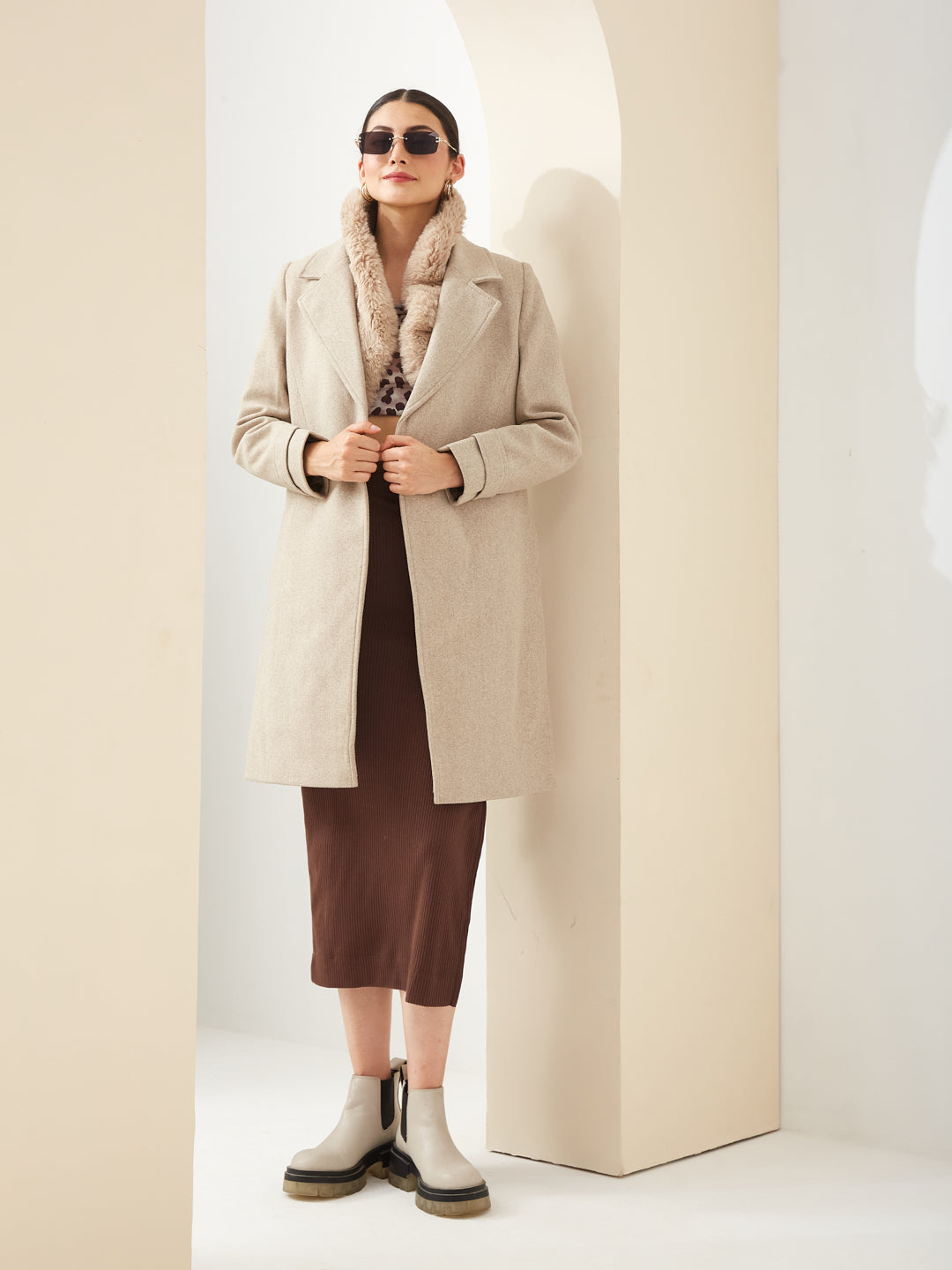 Latin Quarters Women Beige Collared Long Sleeve Solid Casual Coat
