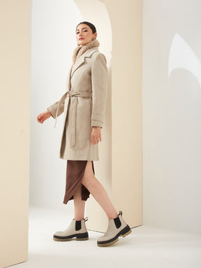 Latin Quarters Women'S Beige Collared Full Sleeves Solid Casual Overcoat Coat