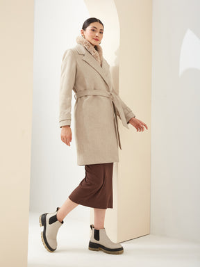 Latin Quarters Women Beige Collared Long Sleeve Solid Casual Coat