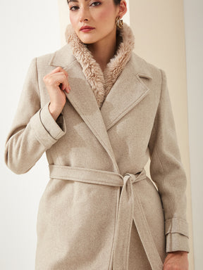 Latin Quarters Women'S Beige Collared Full Sleeves Solid Casual Overcoat Coat