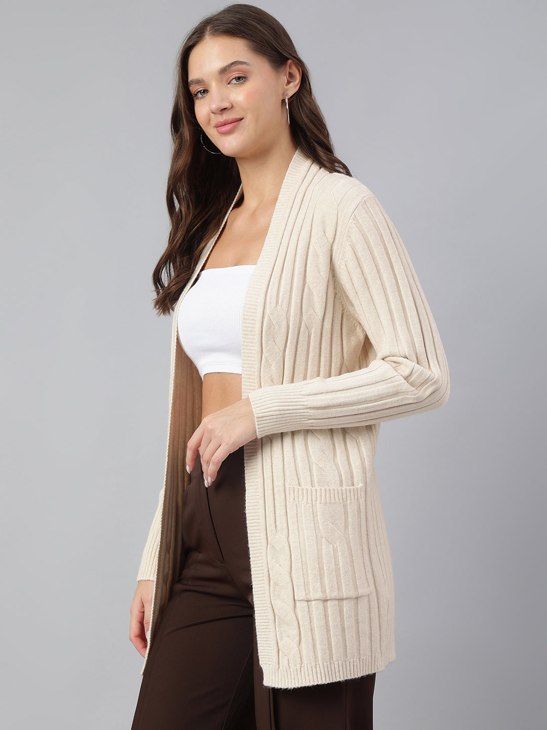 Latin Quarters Women Beige Round Neck Full Sleeve Solid Shrug