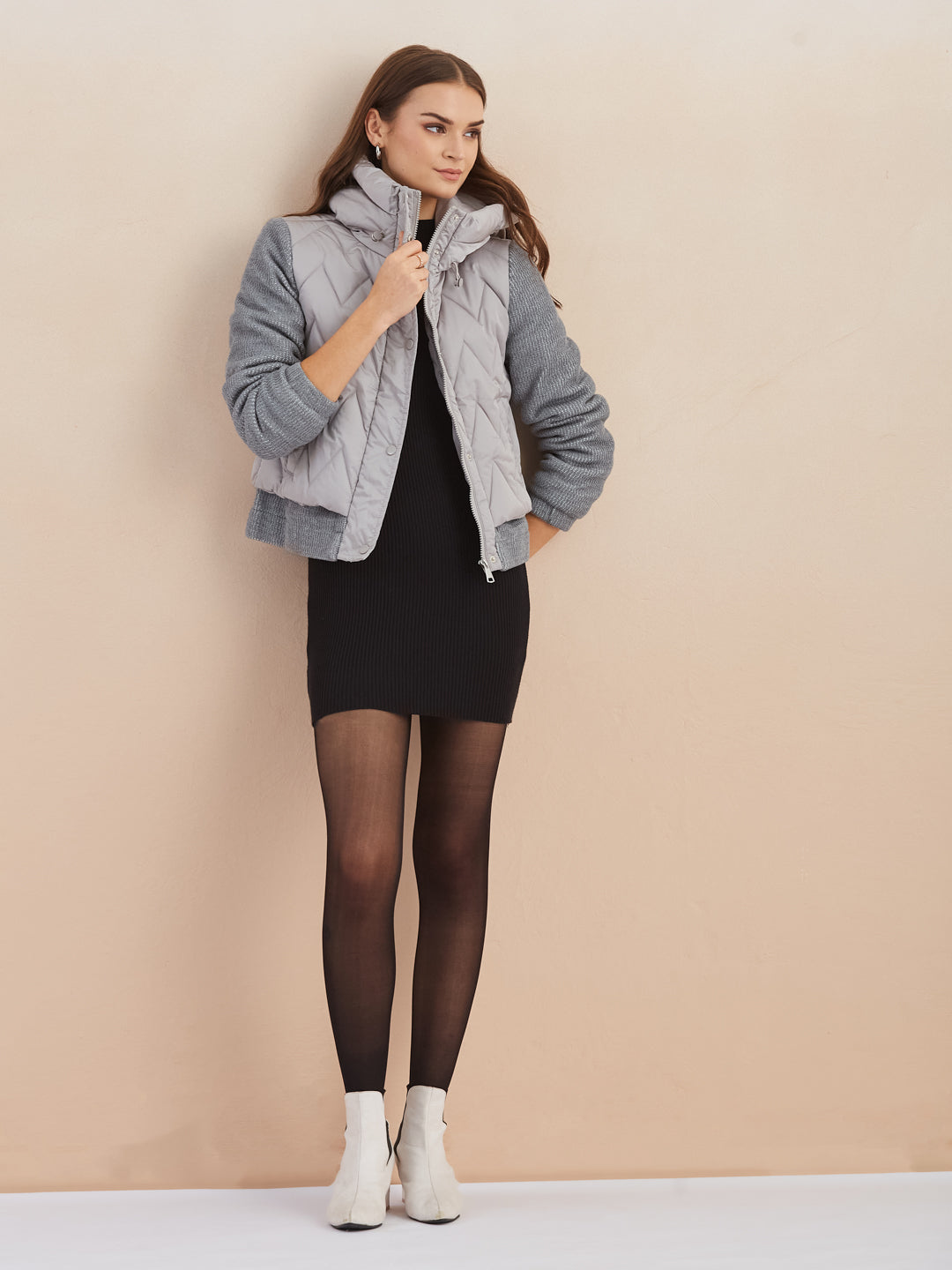 Latin Quarters Women Grey Quilted Hooded Full Sleeve Casual Puffer Jacket