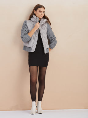 Latin Quarters Women Grey Quilted Hooded Full Sleeve Casual Puffer Jacket