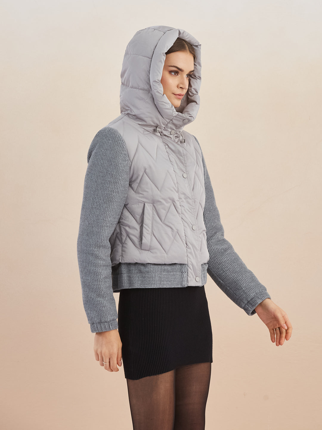 Latin Quarters Women Grey Quilted Hooded Full Sleeve Casual Puffer Jacket