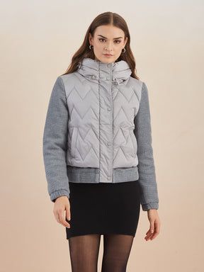 Latin Quarters Women Grey Quilted Hooded Full Sleeve Casual Puffer Jacket