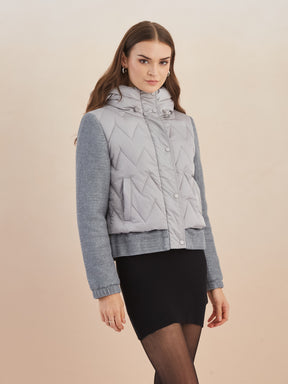 Latin Quarters Women Grey Quilted Hooded Full Sleeve Casual Puffer Jacket