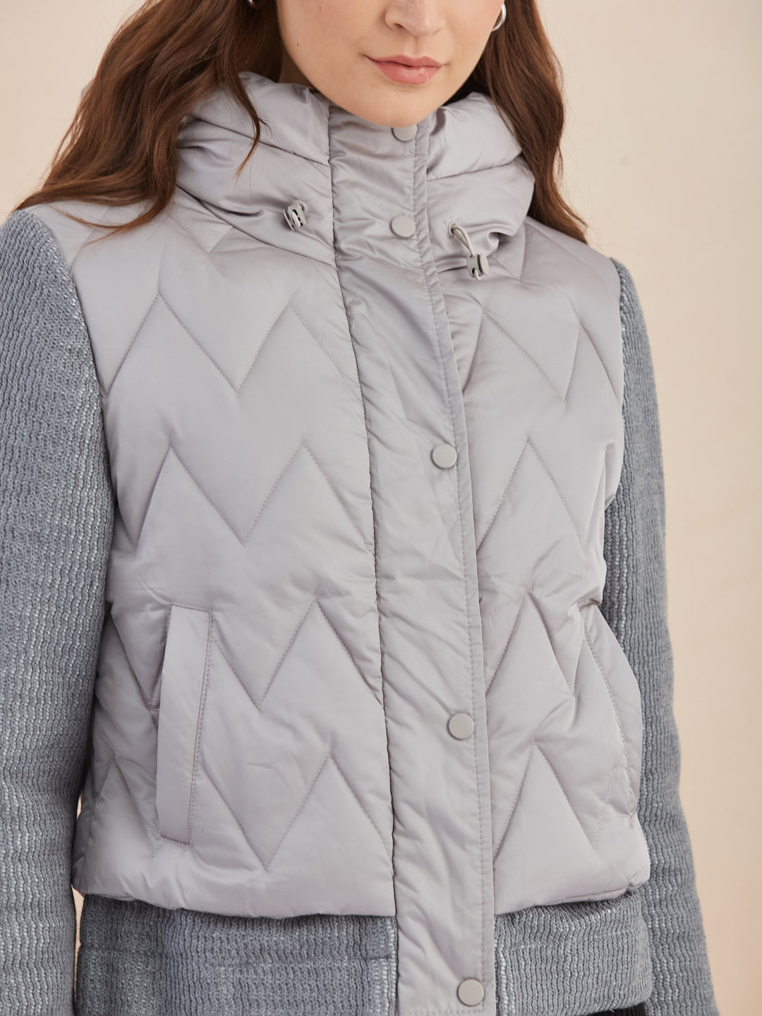 Latin Quarters Women Grey Quilted Hooded Full Sleeve Casual Puffer Jacket