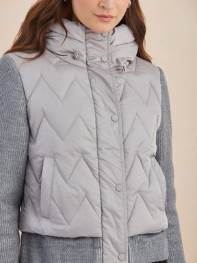 Latin Quarters Women Grey Quilted Hooded Full Sleeve Casual Puffer Jacket