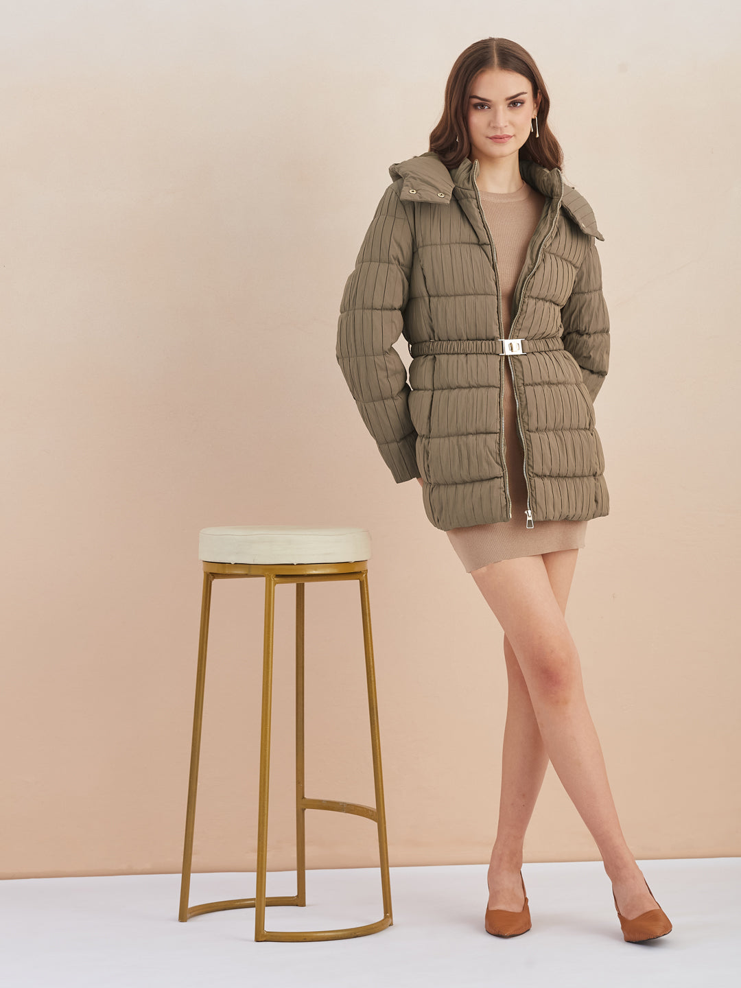 Latin Quarters Women Beige Quilted Hooded Full Sleeve Casual Puffer Jacket