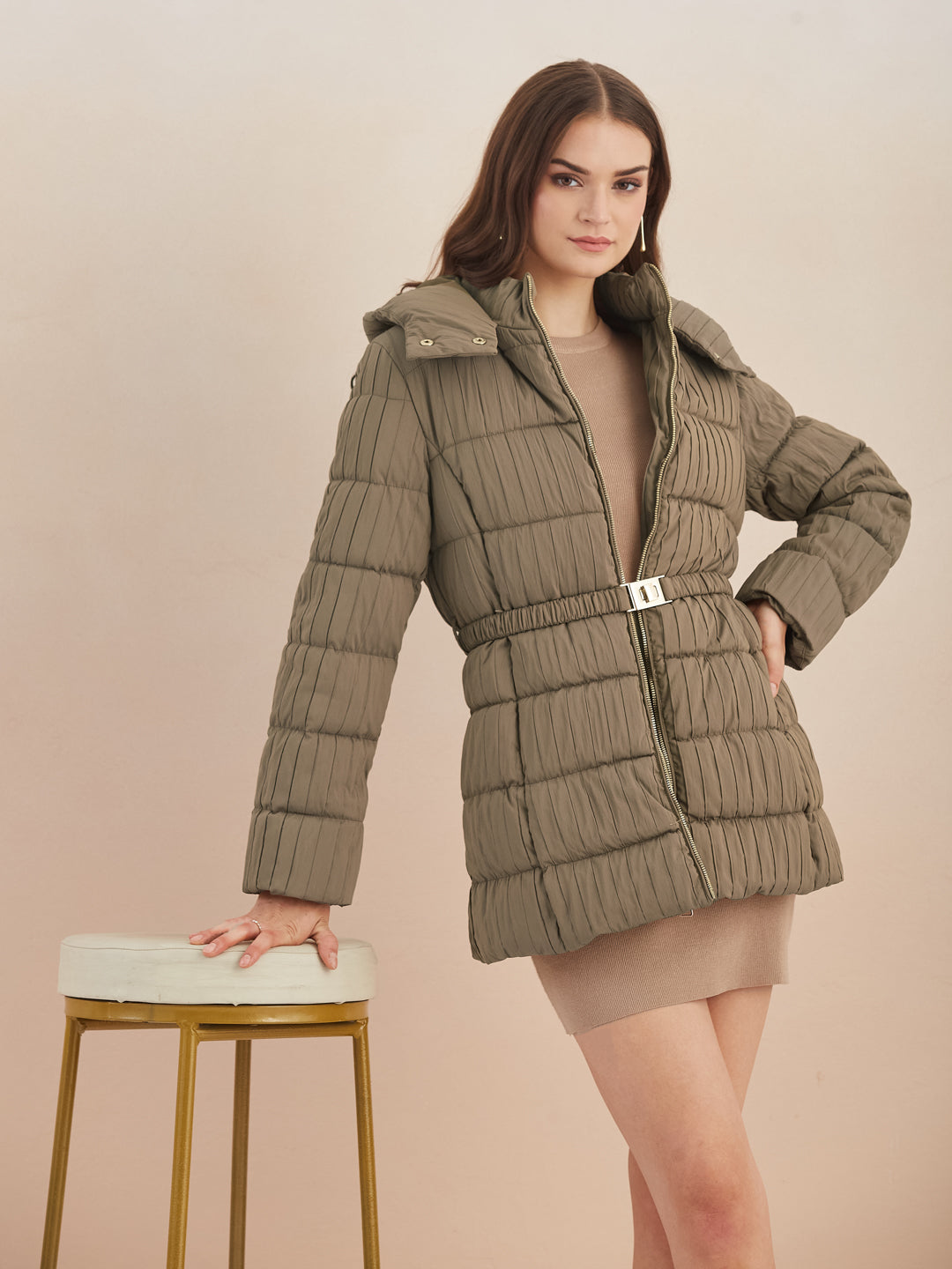 Latin Quarters Women Beige Quilted Hooded Full Sleeve Casual Puffer Jacket