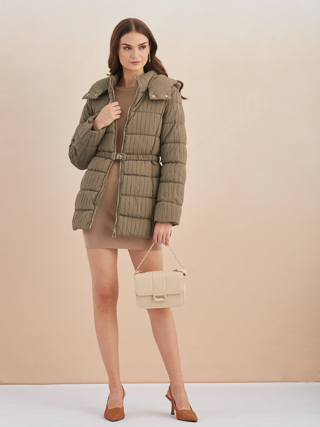 Latin Quarters Women Beige Quilted Hooded Full Sleeve Casual Puffer Jacket