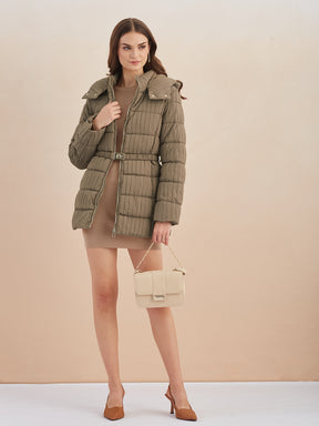 Latin Quarters Women Beige Quilted Hooded Full Sleeve Casual Puffer Jacket