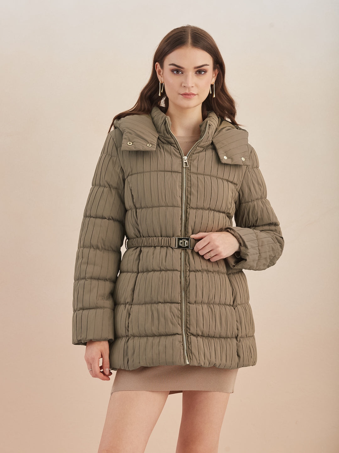 Latin Quarters Women Beige Quilted Hooded Full Sleeve Casual Puffer Jacket