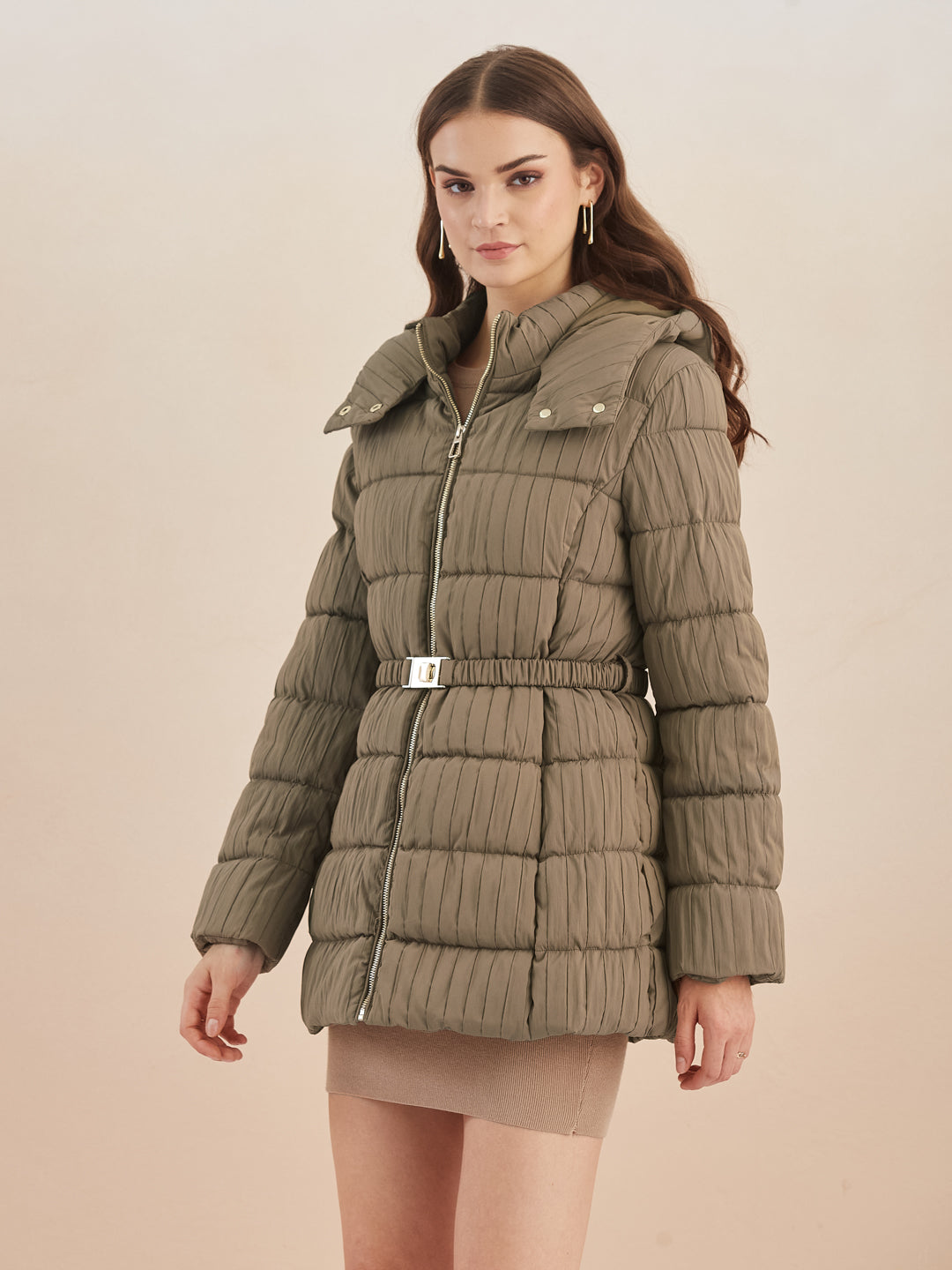 Latin Quarters Women Beige Quilted Hooded Full Sleeve Casual Puffer Jacket