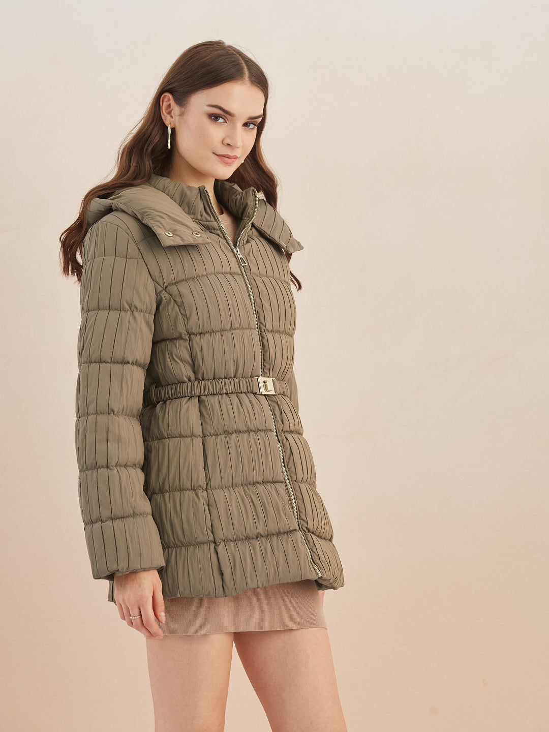 Latin Quarters Women Beige Quilted Hooded Full Sleeve Casual Puffer Jacket
