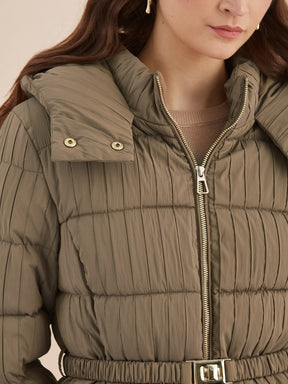 Latin Quarters Women Beige Quilted Hooded Full Sleeve Casual Puffer Jacket