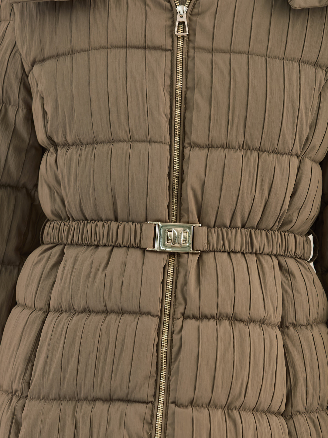 Latin Quarters Women Beige Quilted Hooded Full Sleeve Casual Puffer Jacket