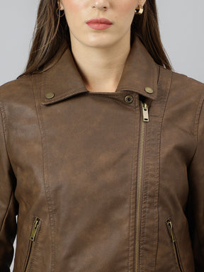 Latin Quarters Women Brown Collar Neck Full Sleeve Solid Jacket