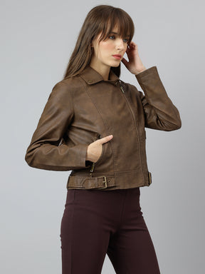 Latin Quarters Women Brown Collar Neck Full Sleeve Solid Jacket