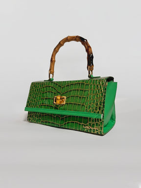 Latin Quarters Women's Emerald Green Croc-Embossed Satchel with Bamboo Handle