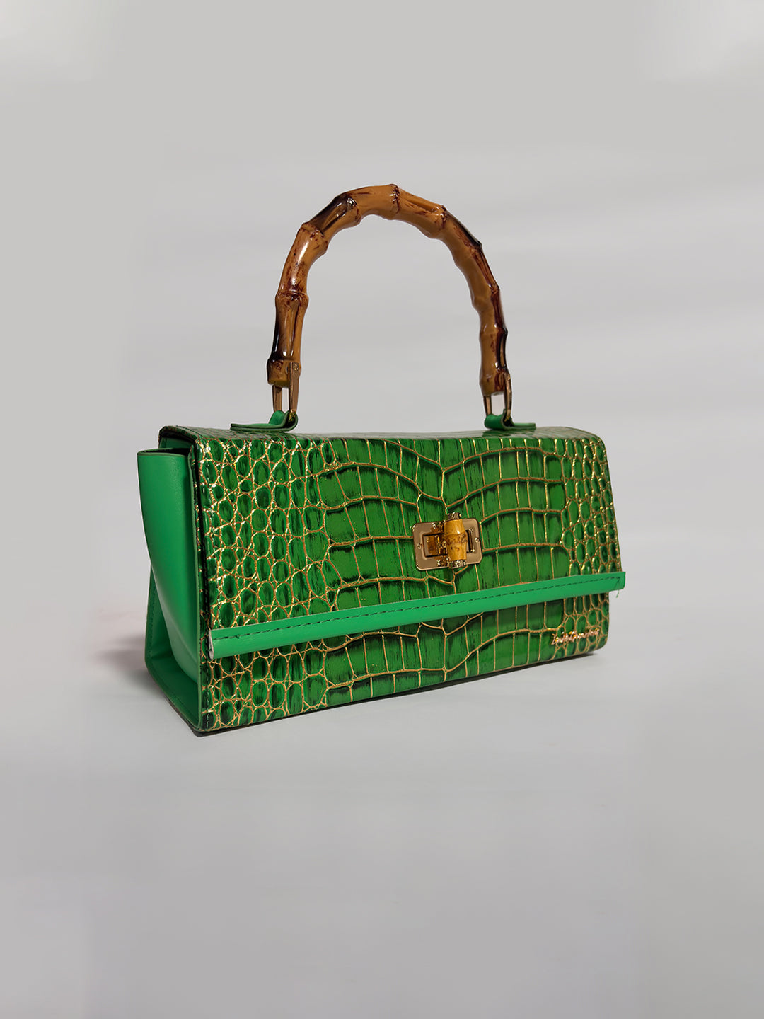 Latin Quarters Women's Emerald Green Croc-Embossed Satchel with Bamboo Handle