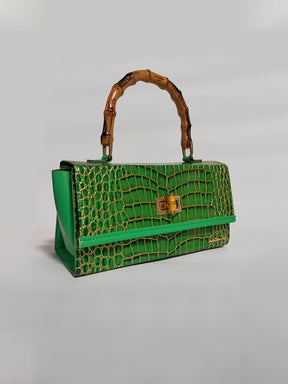 Latin Quarters Women's Emerald Green Croc-Embossed Satchel with Bamboo Handle