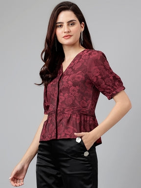 Latin Quarters Women Maroon V-Neck Half Sleeves Printed Top