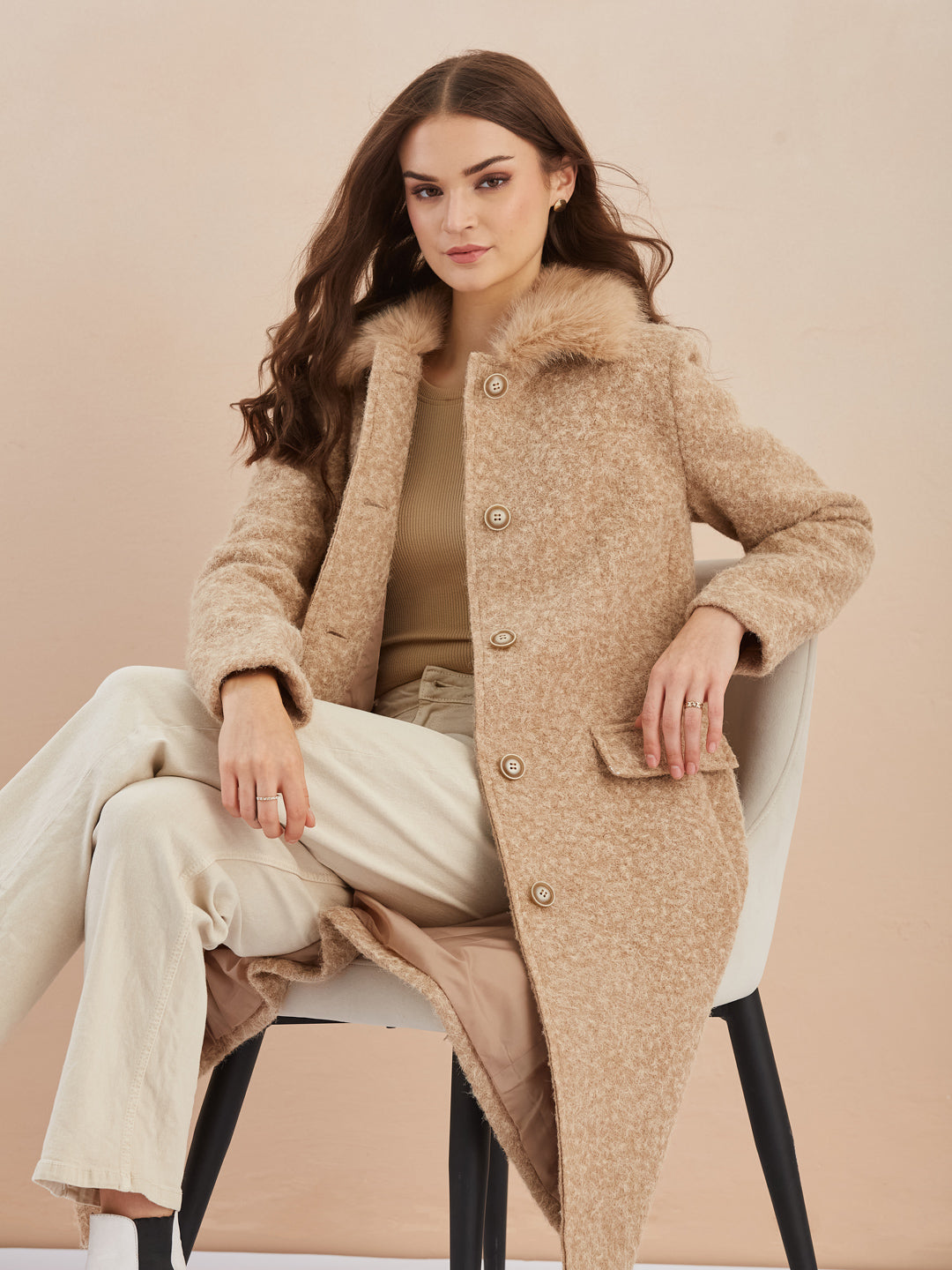 Latin Quarters Women Beige Textured Collar Full Sleeve Casual Faux Fur Coat