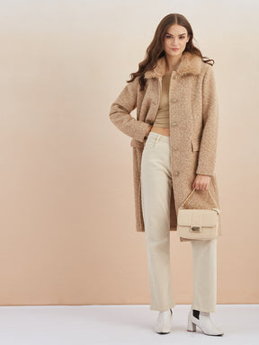 Latin Quarters Women Beige Textured Collar Full Sleeve Casual Faux Fur Coat