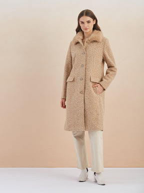 Latin Quarters Women Beige Textured Collar Full Sleeve Casual Faux Fur Coat