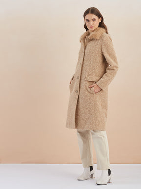 Latin Quarters Women Beige Textured Collar Full Sleeve Casual Faux Fur Coat