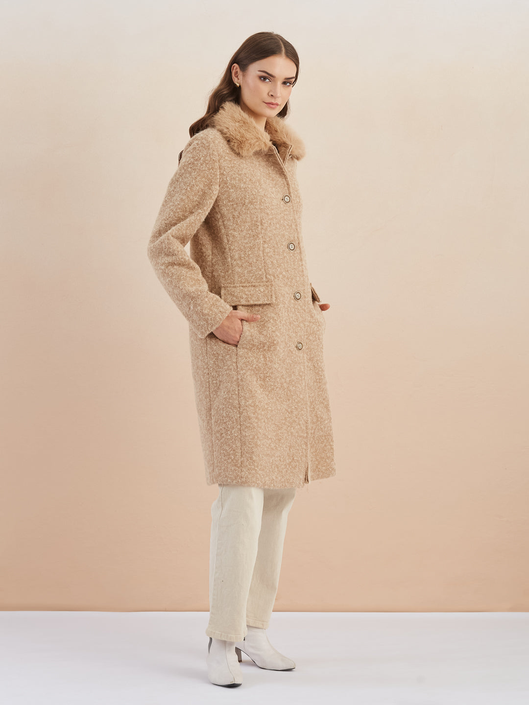 Latin Quarters Women Beige Textured Collar Full Sleeve Casual Faux Fur Coat