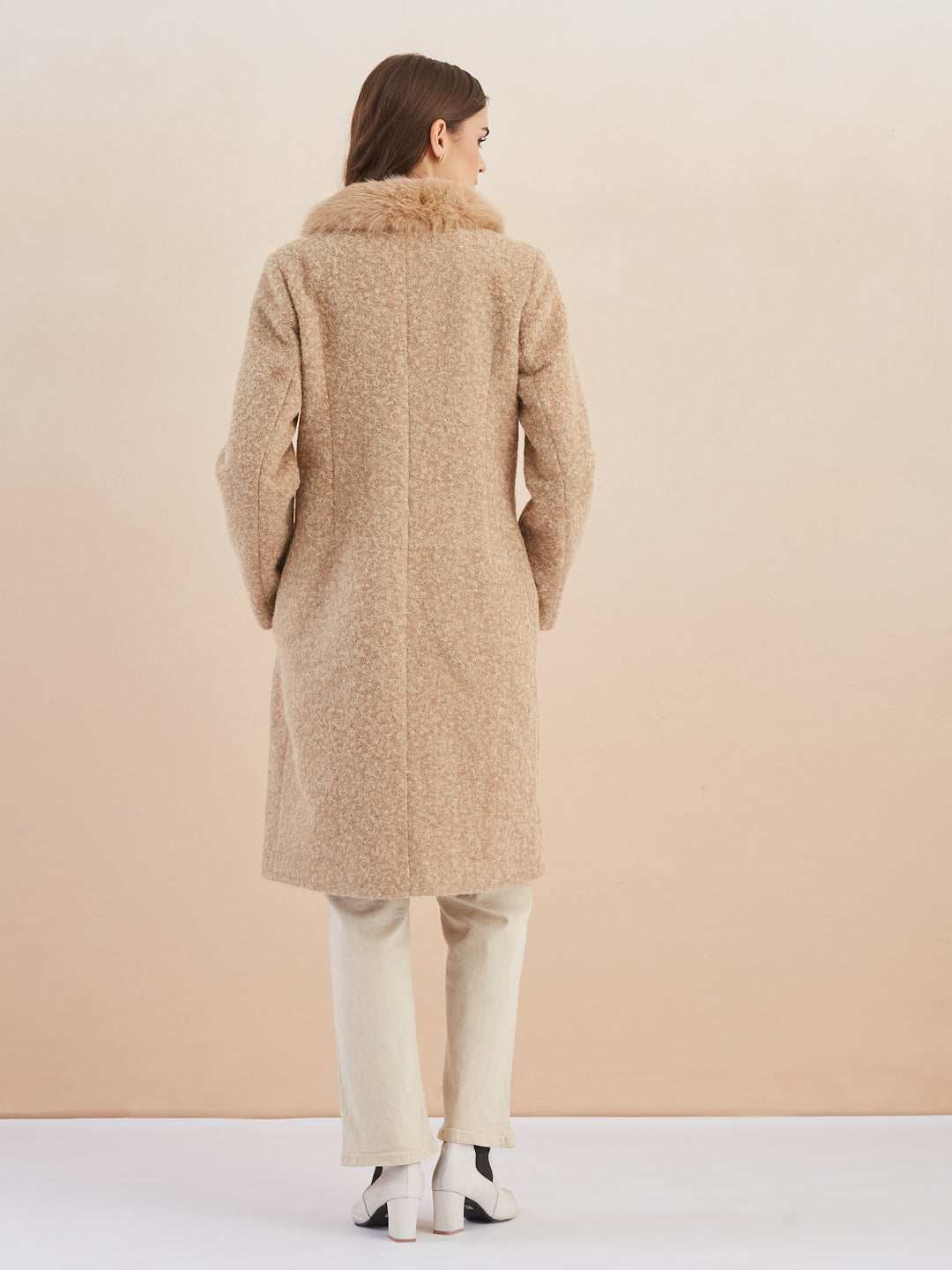 Latin Quarters Women Beige Textured Collar Full Sleeve Casual Faux Fur Coat