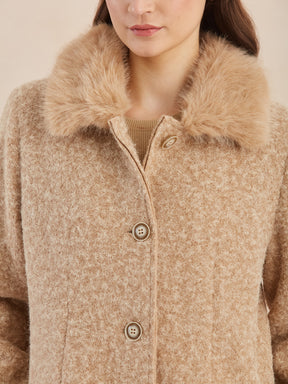 Latin Quarters Women Beige Textured Collar Full Sleeve Casual Faux Fur Coat