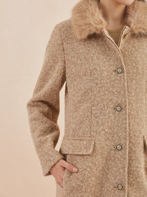 Latin Quarters Women Beige Textured Collar Full Sleeve Casual Faux Fur Coat