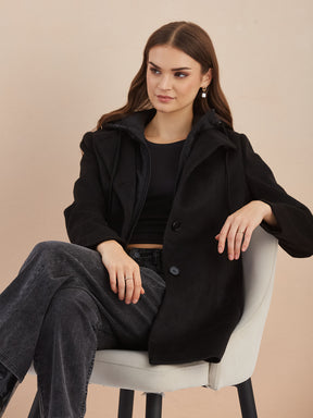Latin Quarters Women Black Solid Hooded Full Sleeve Casual A-Line Coat