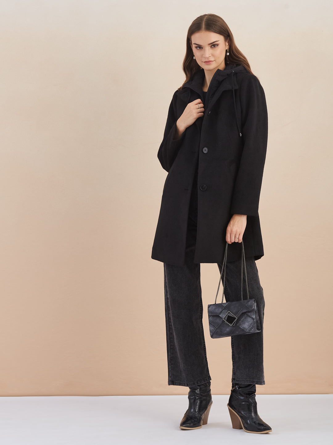 Latin Quarters Women Black Solid Hooded Full Sleeve Casual A-Line Coat