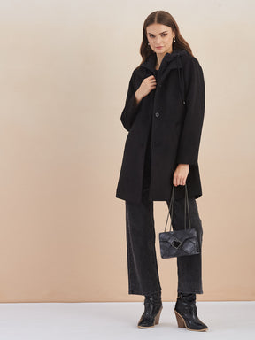 Latin Quarters Women Black Solid Hooded Full Sleeve Casual A-Line Coat